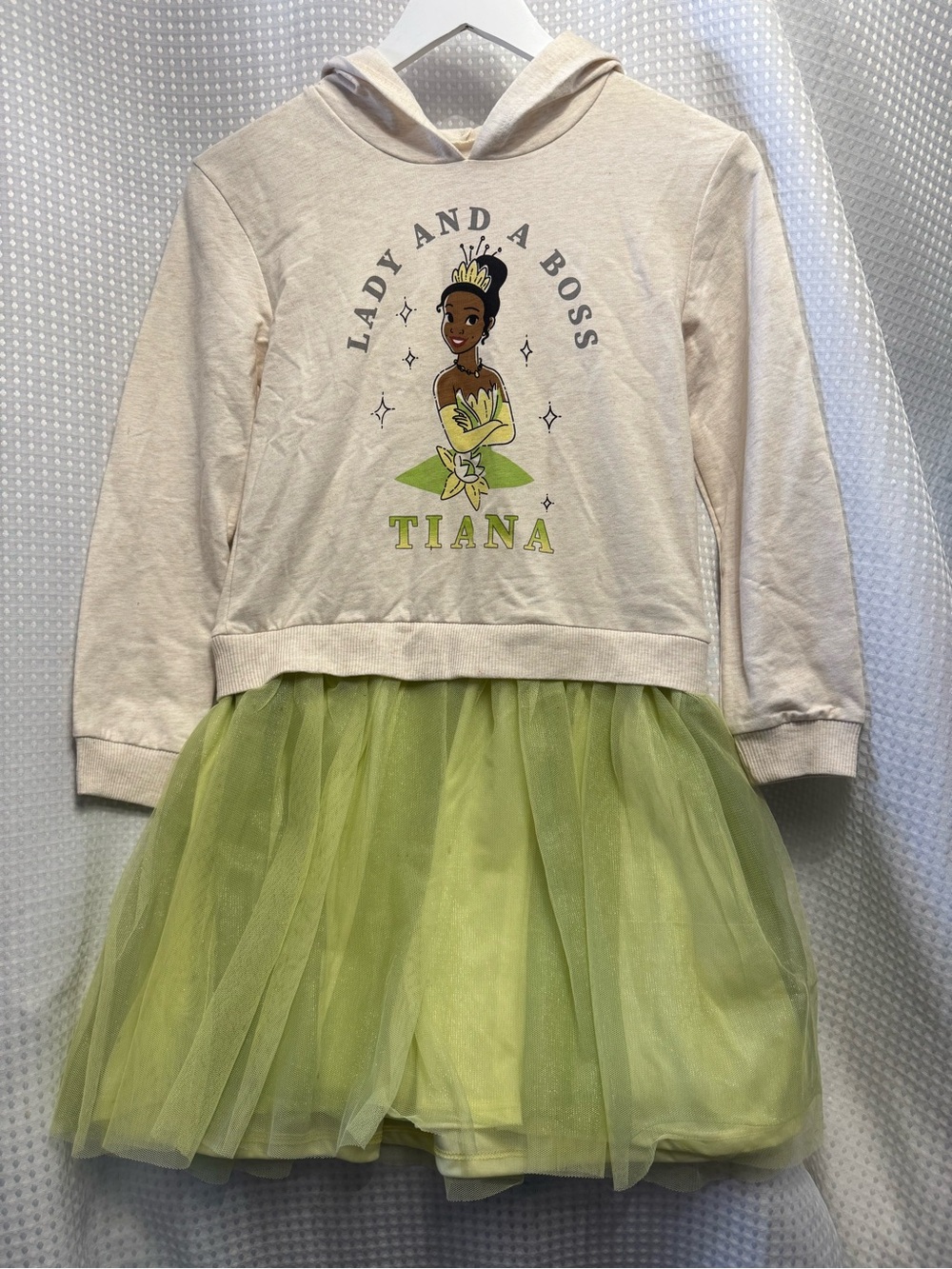 Disney Cream Hoodie Dress with Green Tulle Tutu